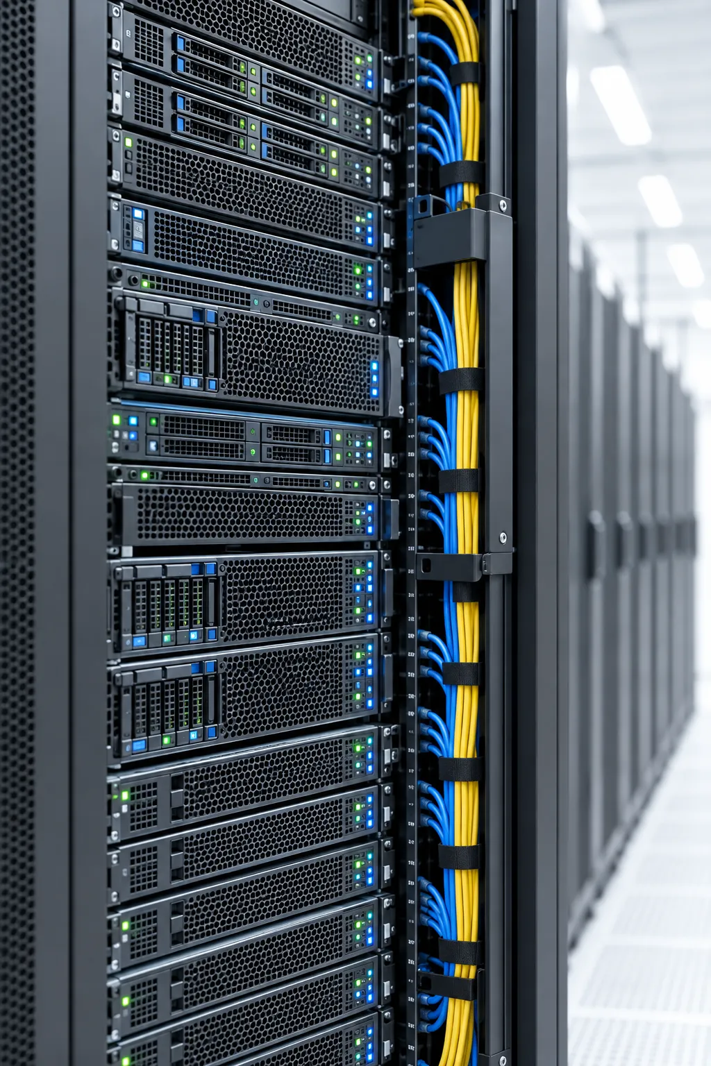 Geöffnetes Server-Rack mit Einschüben und sauber verlegten Netzwerkkabeln