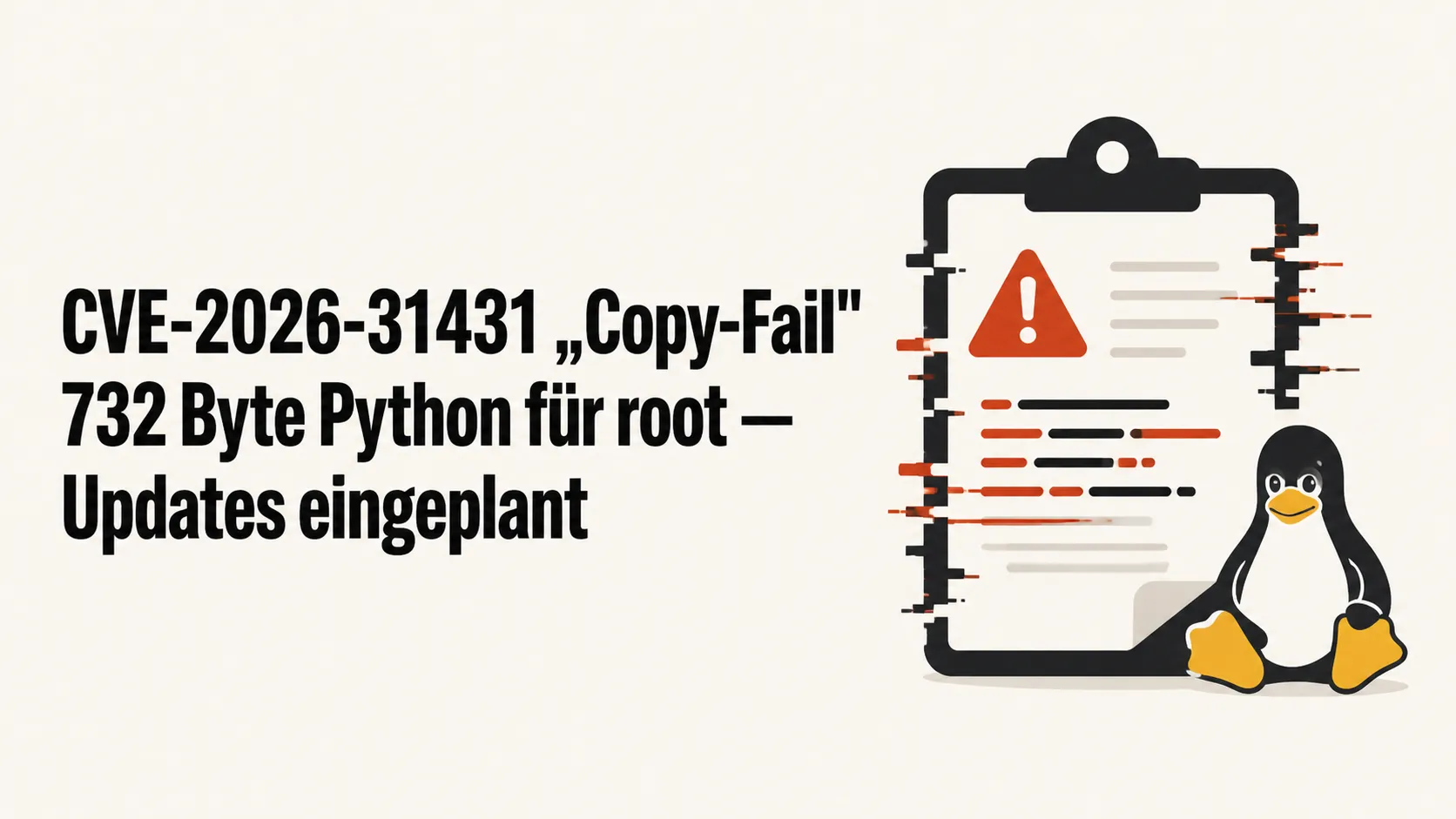Symbolbild zum Sicherheits-Advisory CVE-2026-31431 „Copy-Fail" — lokale Root-Eskalation im Linux-Kernel-Crypto-Subsystem algif_aead, Updates und Reboots auf rack::SPEED-Servern eingeplant