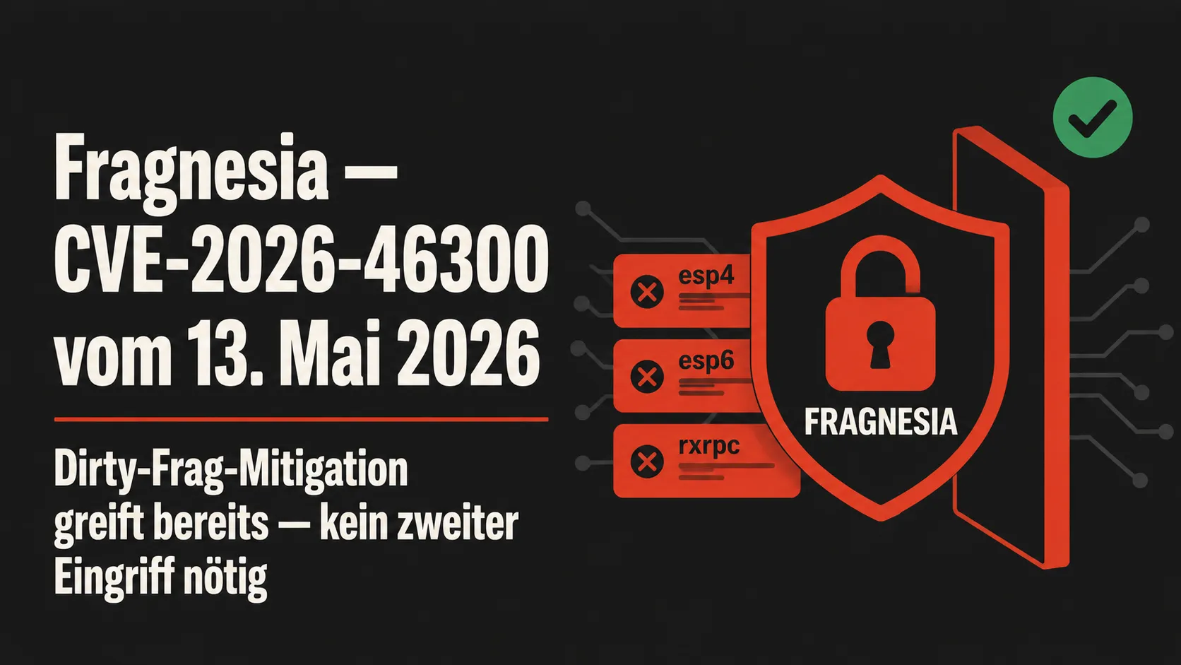 Symbolbild zur Linux-Kernel-Schwachstelle Fragnesia (CVE-2026-46300) — drei blockierte Kernel-Module (esp4, esp6, rxrpc) hinter einer bereits aktiven Mitigations-Barriere.