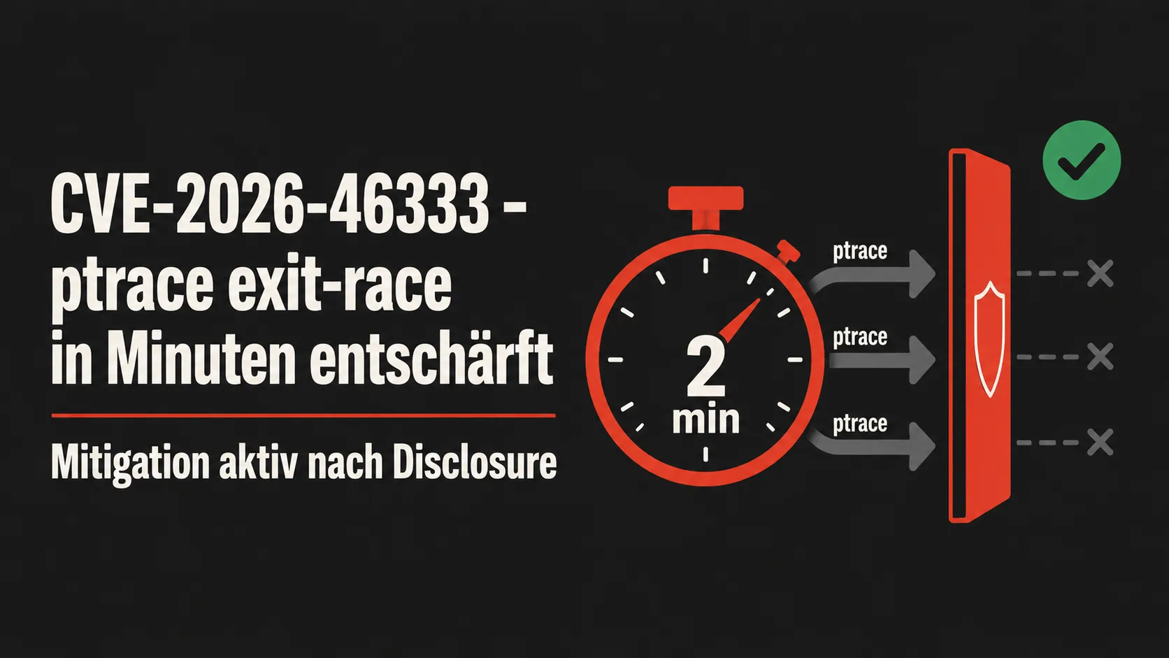 Symbolbild zur Linux-Kernel-Schwachstelle CVE-2026-46333 (ptrace exit-race): Stoppuhr mit wenigen Minuten neben einer Schutzbarriere vor dem ptrace-Syscall-Pfad.