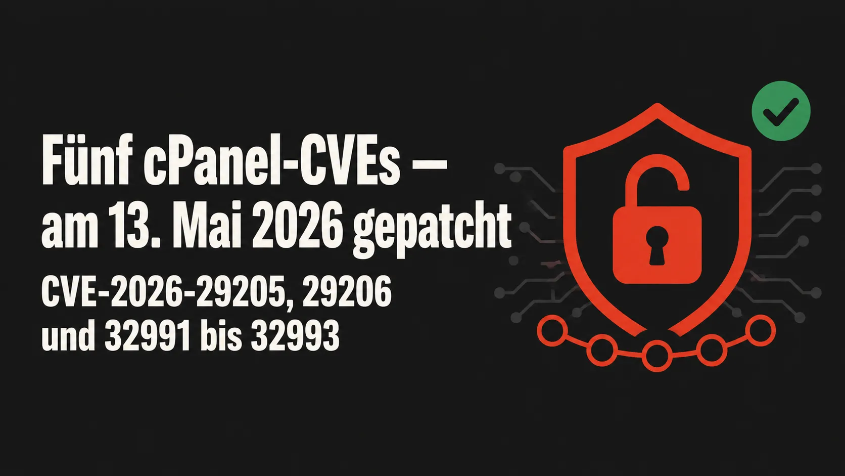 Symbolbild zum Sicherheits-Advisory CVE-2026-29205, 29206 und 32991 bis 32993 — fünf cPanel-Sicherheitslücken am 13. Mai 2026 auf allen rack::SPEED-Servern gepatcht