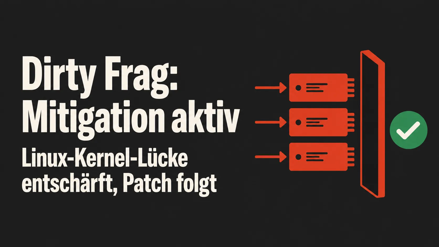 Symbolbild zur Linux-Kernel-Schwachstelle Dirty Frag — drei blockierte Kernel-Module (esp4, esp6, rxrpc) hinter einer Mitigation-Barriere mit Verifikations-Häkchen