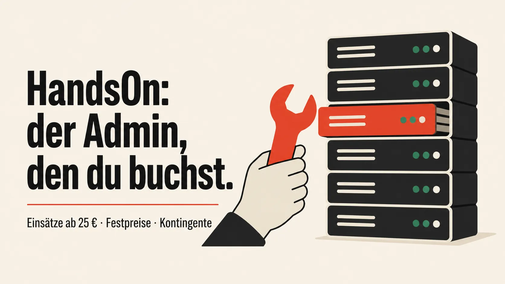 Stilisierte Hand mit rotem Schraubenschlüssel wartet einen Server-Stack mit herausgezogenem Blade, Symbolbild für den buchbaren HandsOn Admin-Service