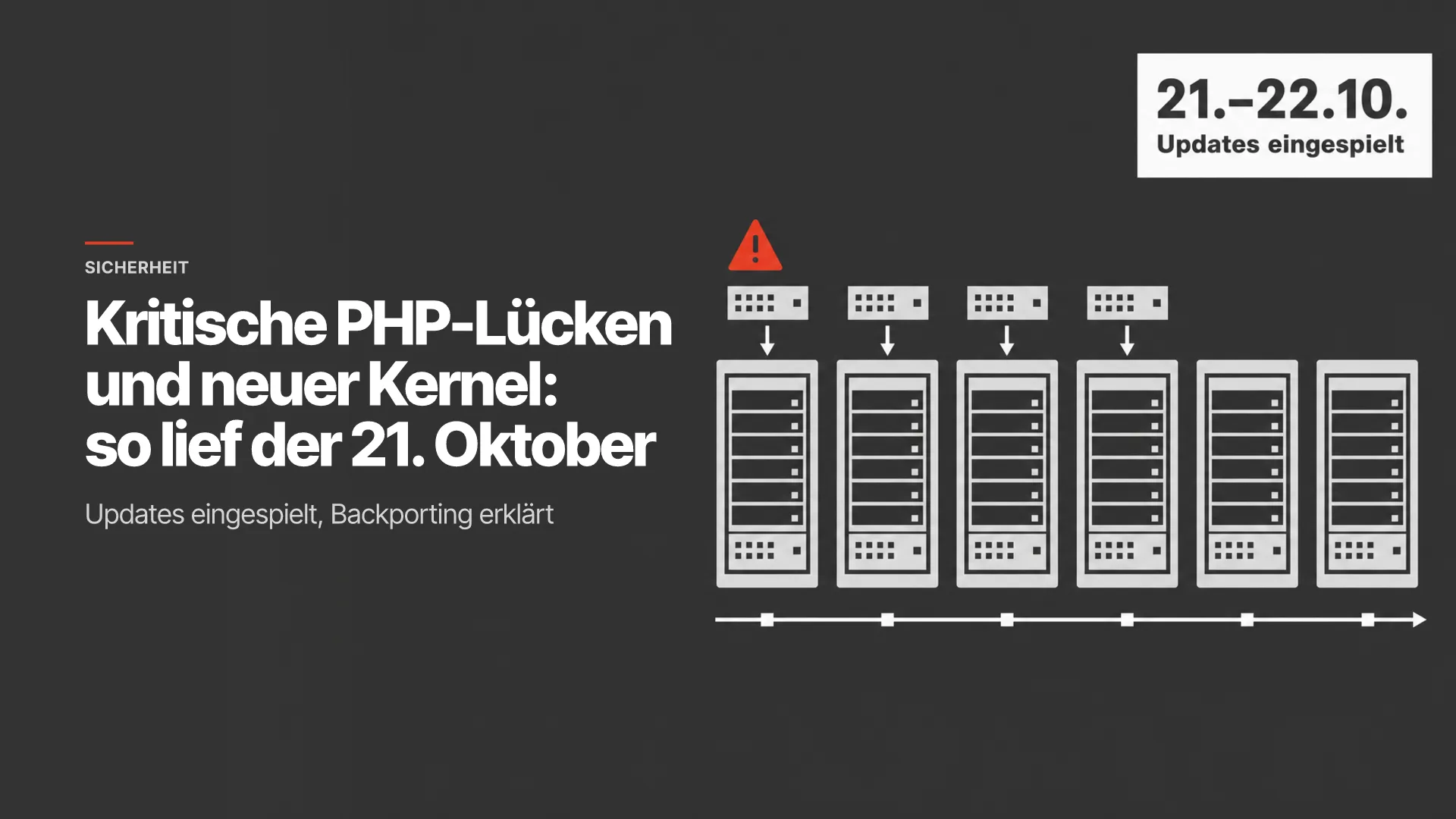 Flache Grafik auf grauem Grund: sechs Server in einer Reihe bekommen neue Module eingesetzt, über dem ersten ein rotes Warndreieck, daneben die Plakette 21.–22.10. Updates eingespielt; links der Titel des Beitrags
