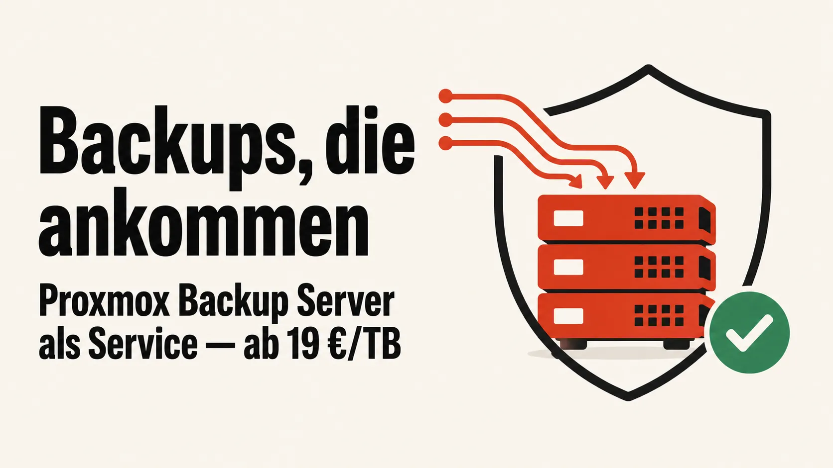 Symbolbild zum Launch des Proxmox-Backup-Server-Service bei rack::SPEED — gestapelte Backup-Blöcke mit eingehenden Datenströmen, Schutzschild und grünem Verifikations-Häkchen