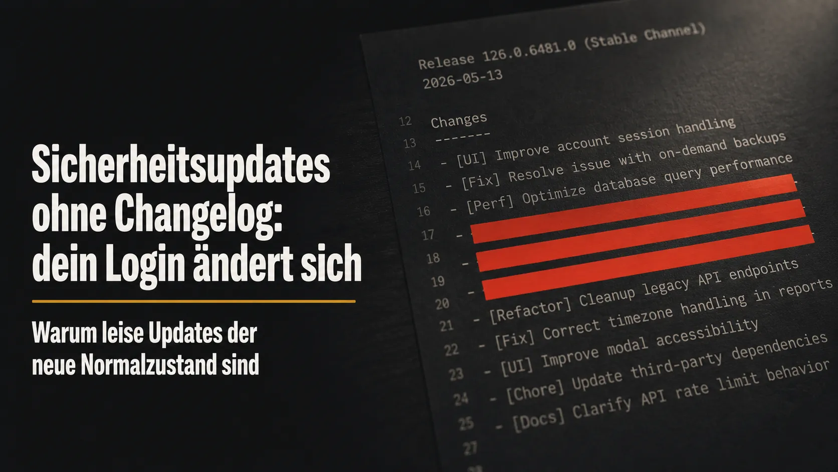 Software-Changelog mit rot geschwärzten Zeilen, die ein verstecktes Sicherheitsupdate andeuten