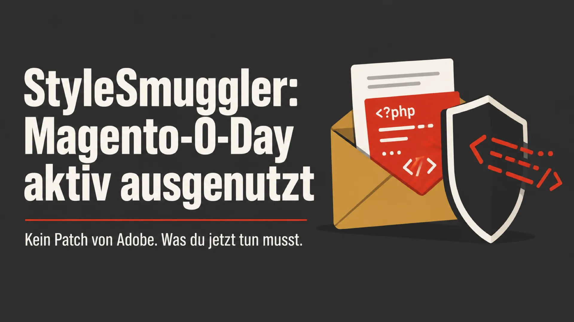 Geöffneter Briefumschlag, aus dem ein rotes PHP-Code-Fragment ragt, davor ein dunkler Schutzschild, der weiteren Code abfängt, daneben die Headline StyleSmuggler: Magento-0-Day aktiv ausgenutzt